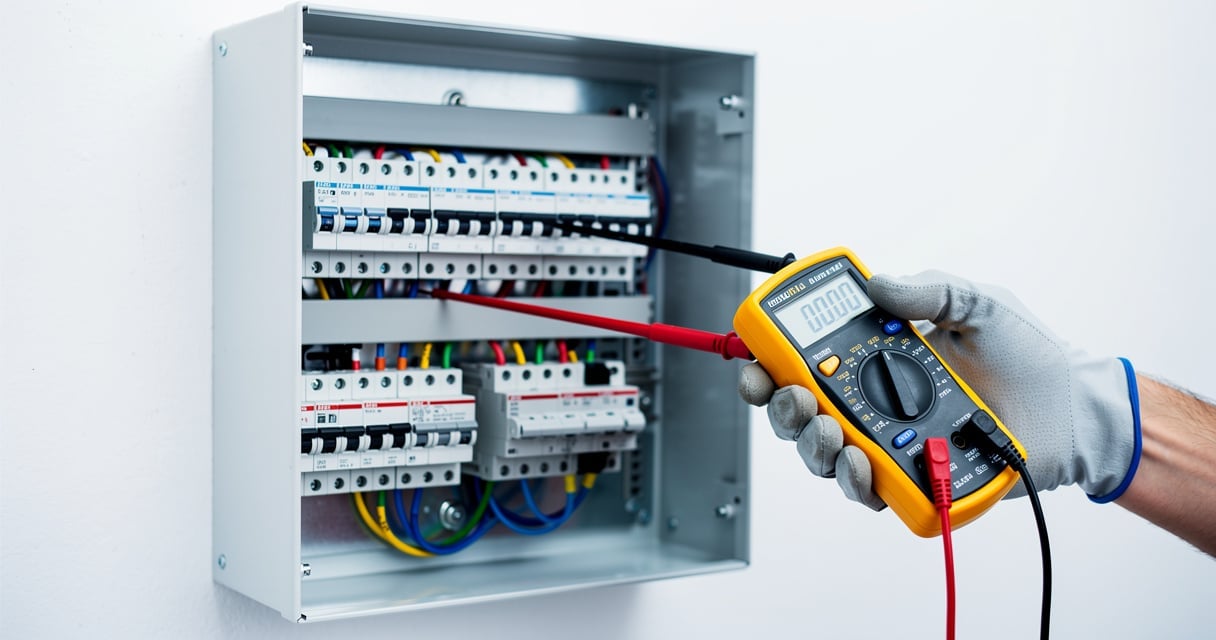 Tableau électrique avec disjoncteurs et multimètre numérique lors d'un diagnostic