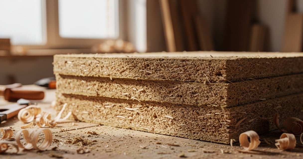 Panneaux d'isolation en fibre de bois empilés dans un atelier de rénovation