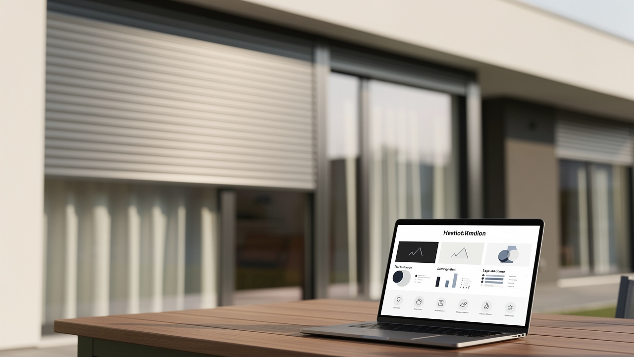 Façade de maison contemporaine avec volets roulants en aluminium sur mesure, avec un ordinateur portable présentant une comparaison de produits sans texte lisible.