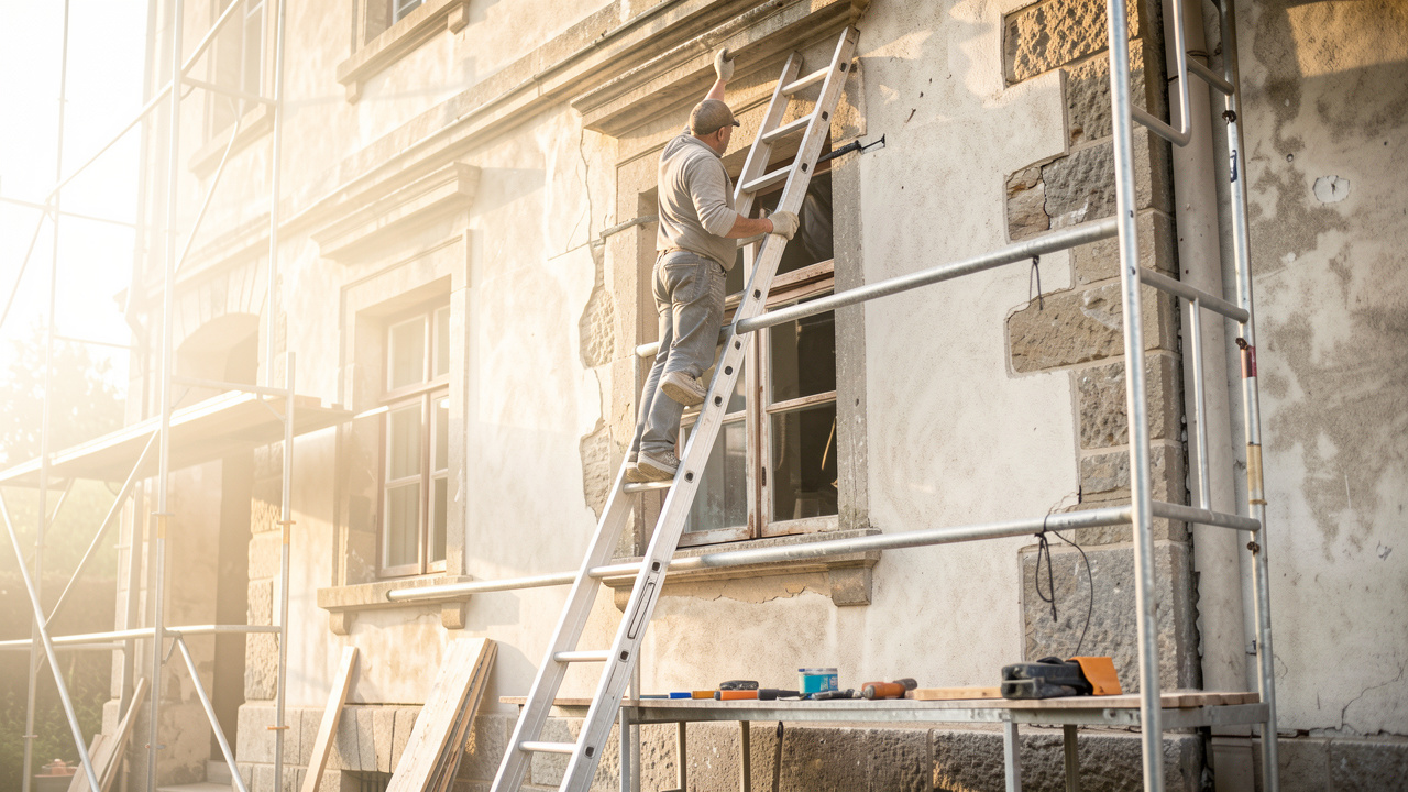 Façade d’une maison ancienne en rénovation, un artisan sur une échelle répare les fenêtres, avec ambiance de chantier lumineuse et échafaudage.