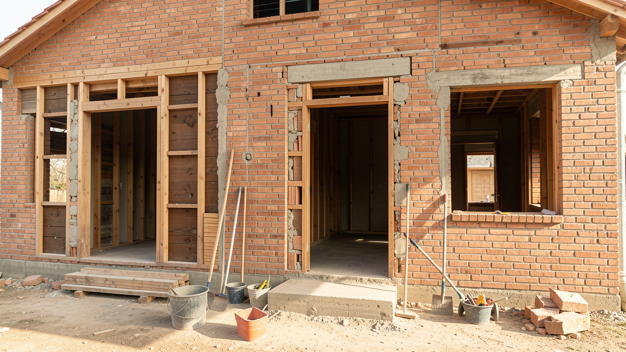 Façade de maison en rénovation avec plusieurs ouvertures, des outils de chantier au sol et une lumière naturelle.
