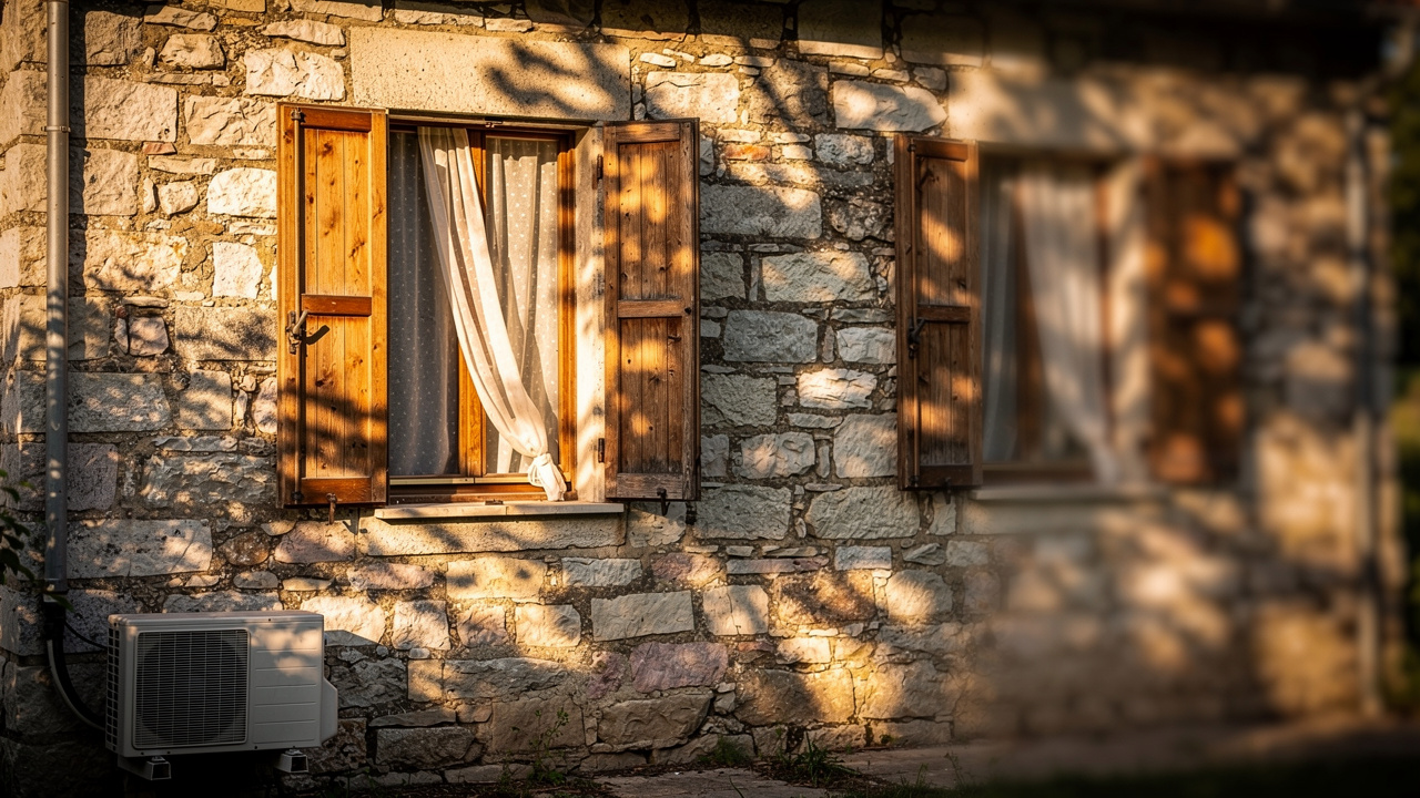 Maison ancienne en pierre avec volets entrouverts et une unité extérieure de climatisation discrète, sous un ensoleillement estival.