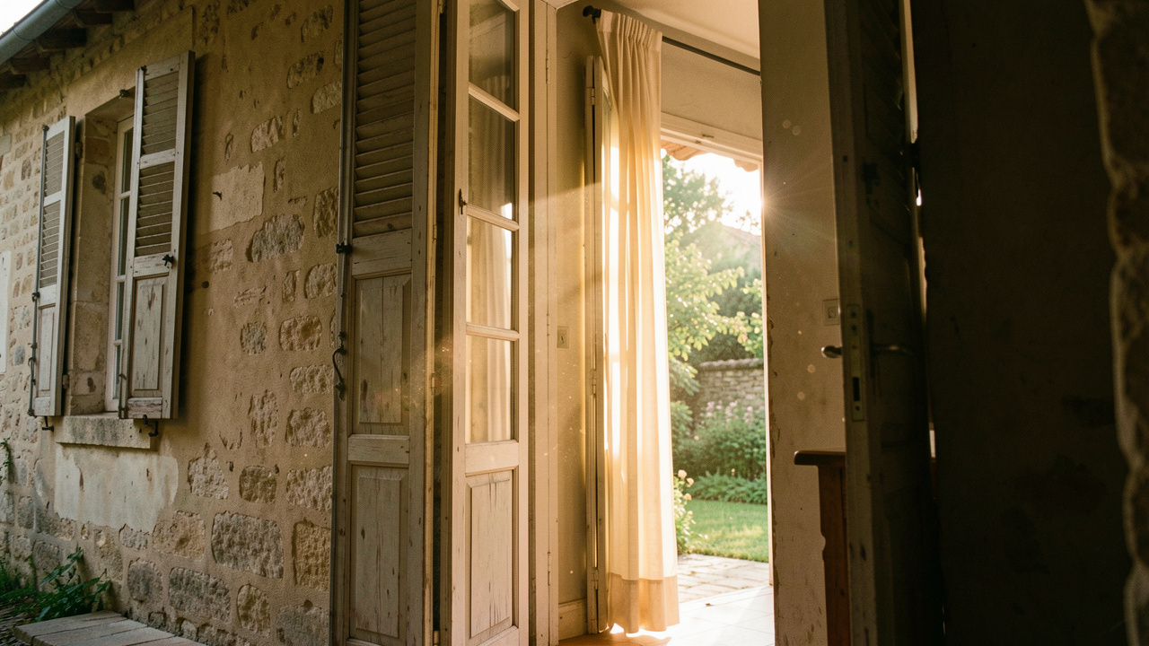 Maison ancienne en été, volets entrouverts laissant entrer une lumière chaude, intérieur frais et jardin discret visibles depuis l’entrée.
