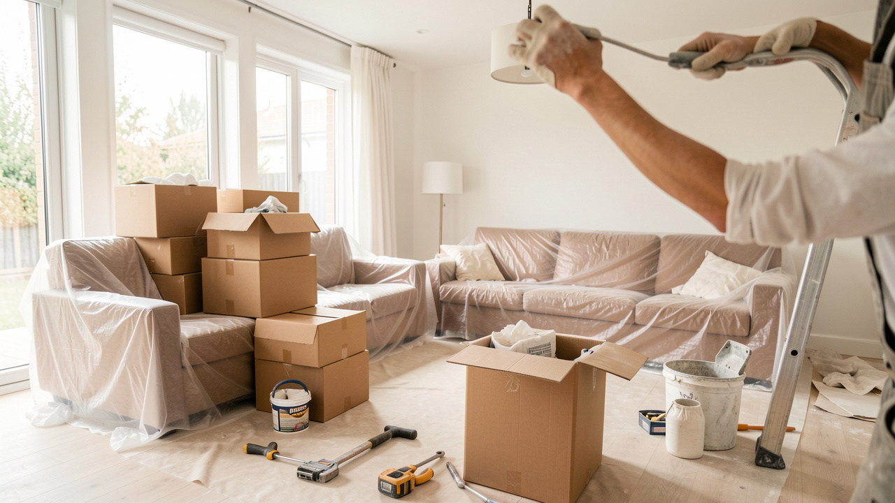 Salon en rénovation lumineux avec cartons, meubles protégés par des housses, et outils de chantier posés au sol.
