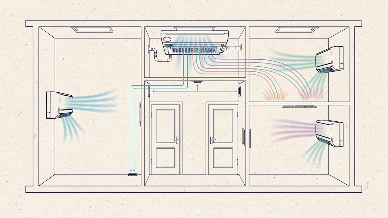 Schéma simple d’une maison ancienne indiquant, selon les pièces, la répartition d’un monosplit, d’un multisplit et d’un système gainable, avec des lignes d’air pour illustrer le passage de l’air.