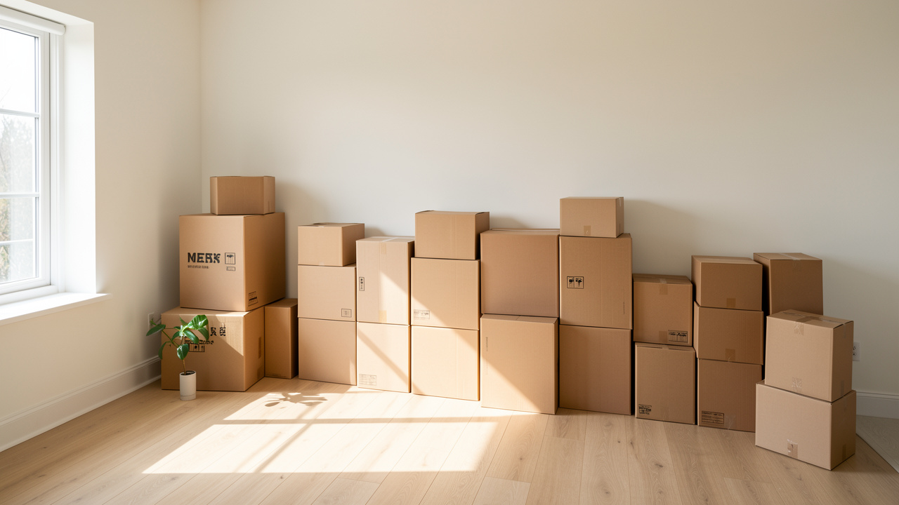 Des cartons de déménagement soigneusement rangés dans un salon vide, ambiance pratique et lumineuse, lumière naturelle et organisation nette.
