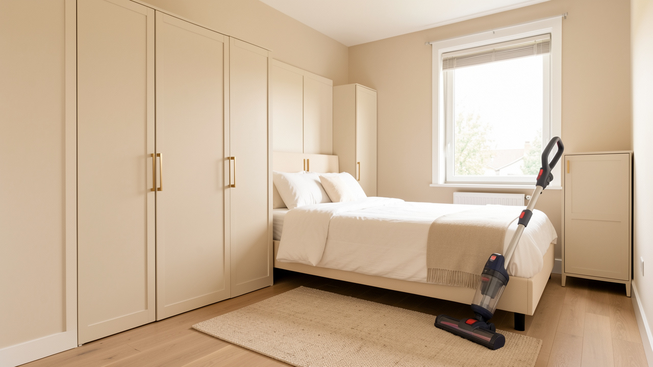 Chambre lumineuse et bien rangée avec un lit surélevé, des rangements fermés et un aspirateur nettoyant les plinthes.