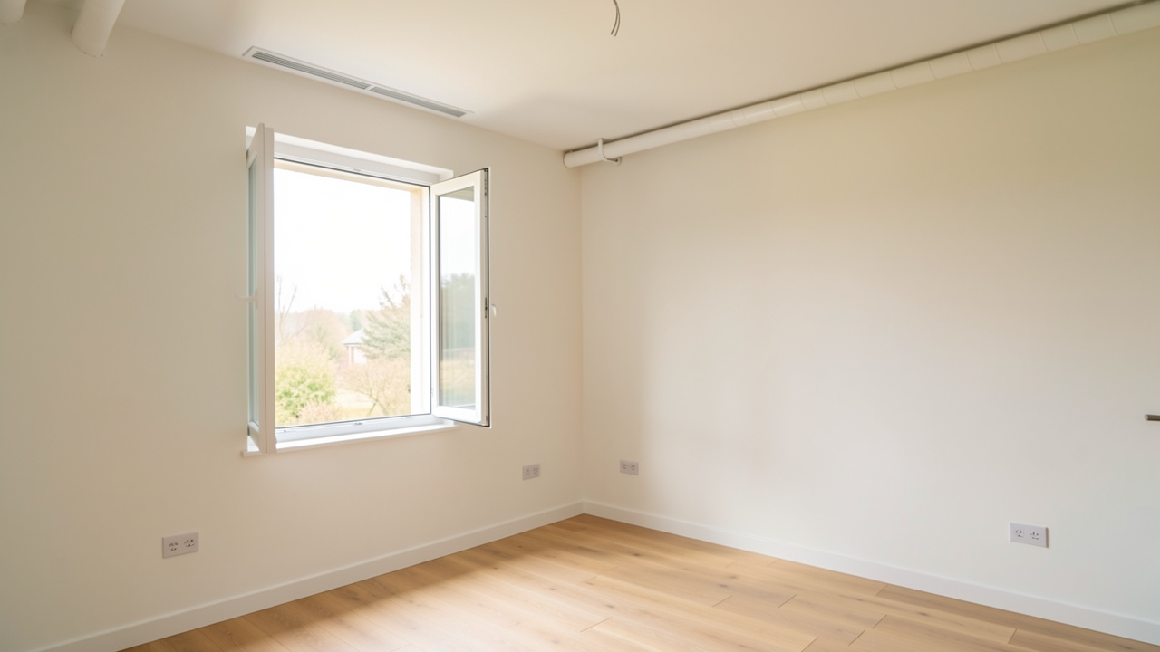 Intérieur de maison lumineux en rénovation, fenêtre ouverte, lumière naturelle douce, murs propres et aération VMC discrète au plafond.