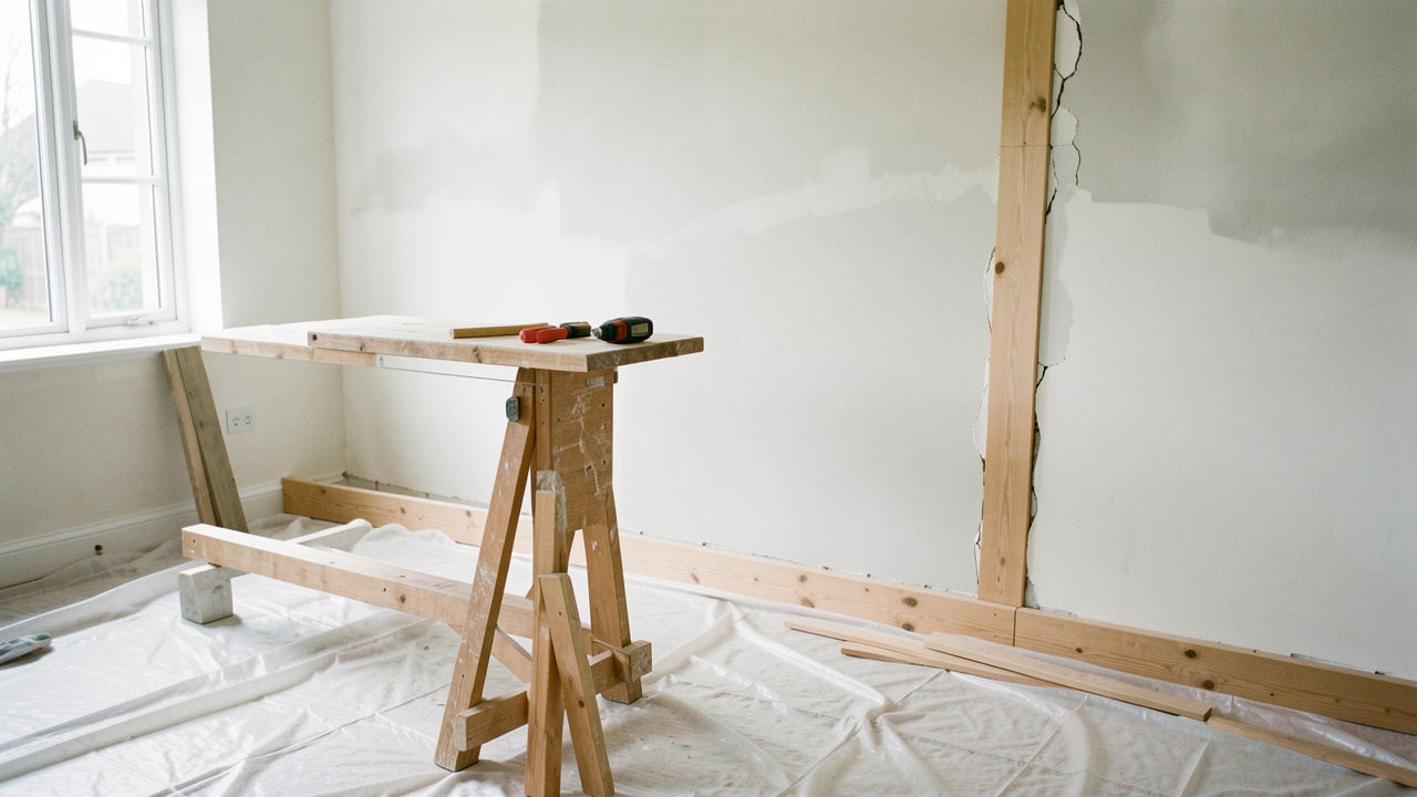 Intérieur d’une maison en rénovation, outils rangés sur un établi, plinthes en cours de pose et fissures rebouchées, murs lissés, sols protégés et ambiance propre et préventive.