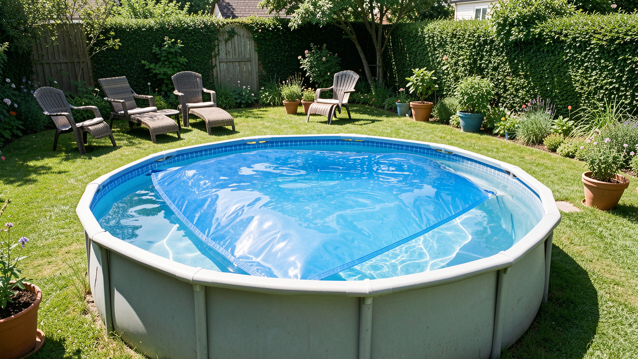 Piscine hors-sol ronde recouverte d’une bâche à bulles bleue dans un jardin ensoleillé.