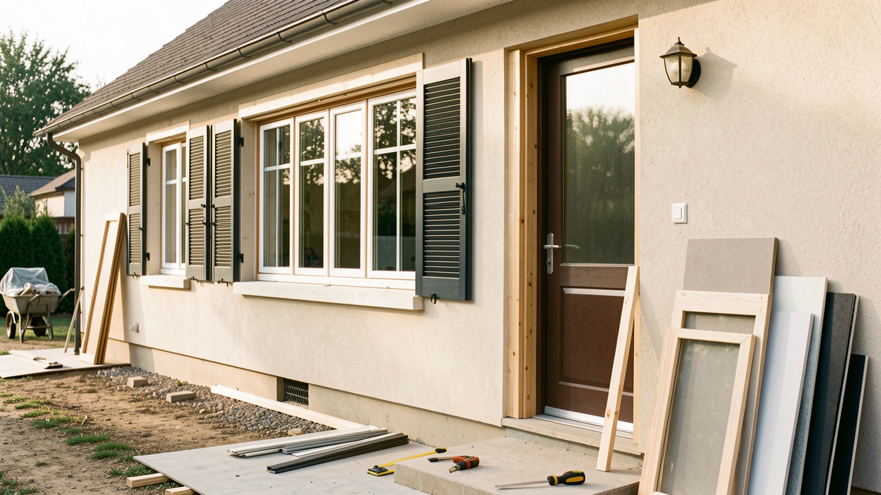 Matériaux et outils organisés devant une façade résidentielle en rénovation pour planifier le remplacement des fenêtres, volets et portes.