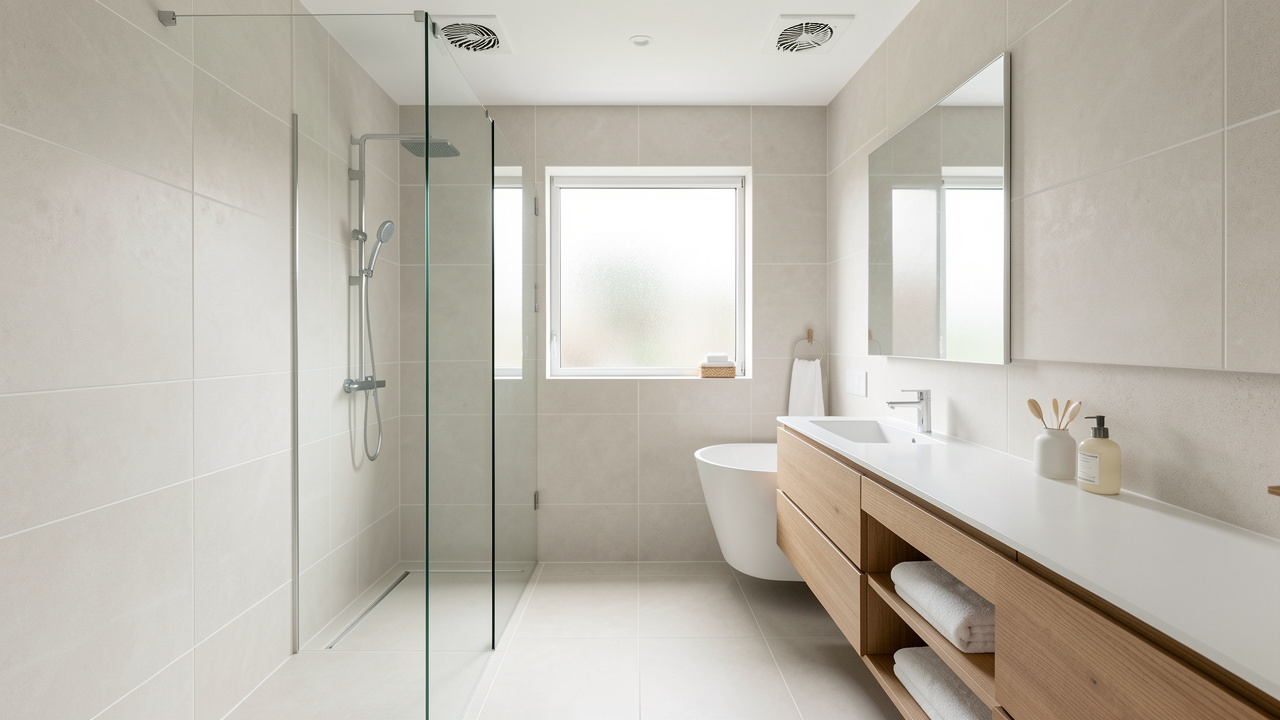 Salle de bains rénovée et lumineuse avec carrelage clair, ventilation discrète et matériaux résistants à l’humidité.