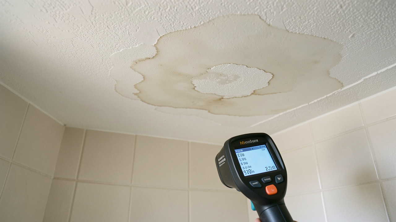 Plafond taché par une fuite d’eau sous une salle de bains, avec des outils de détection utilisés pour localiser l’origine sans ouvrir le plafond.
