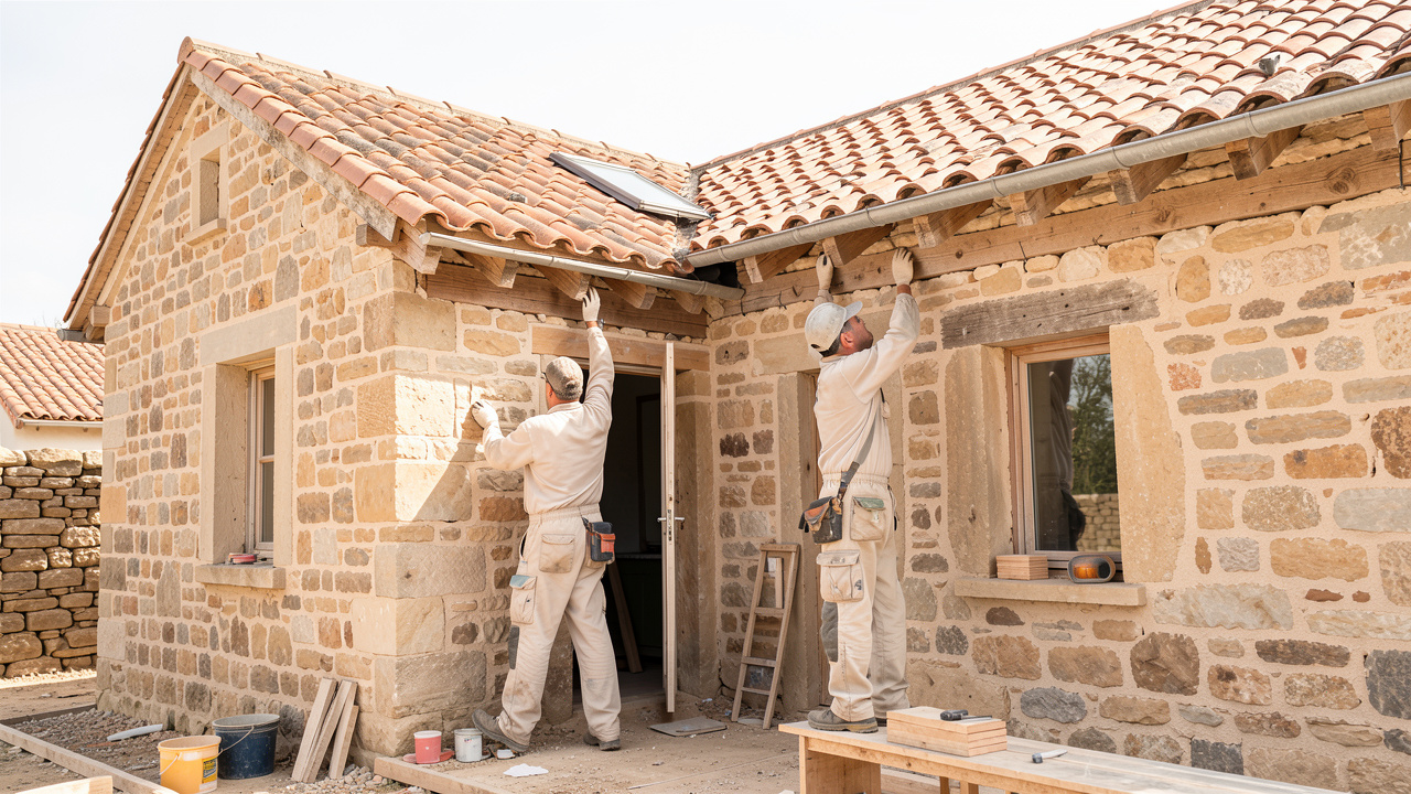 Maison ancienne en rénovation, avec deux artisans inspectant la toiture et les murs sur un chantier lumineux.