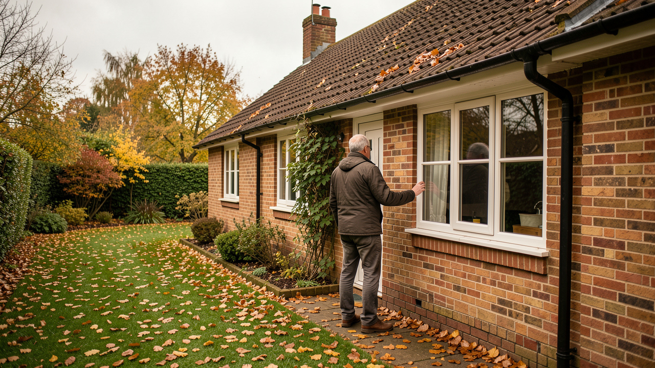 Un homme vérifie les fenêtres et les gouttières d’une maison individuelle en automne, au milieu d’un jardin couvert de feuilles sous une lumière douce.