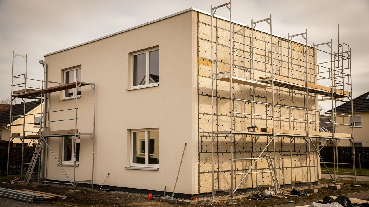 Maison individuelle présentant une façade en deux parties, avec une zone ravalée et une zone équipée d’une isolation thermique par l’extérieur, entourée d’un échafaudage sécurisé sous une lumière naturelle.