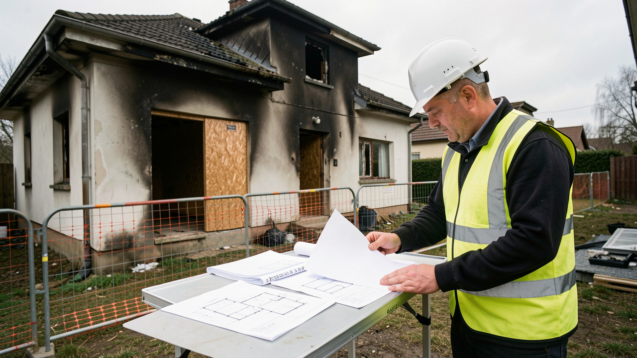 Maison endommagée par un incendie, façade sécurisée par des barrières, avec un professionnel examinant des documents sur un chantier.