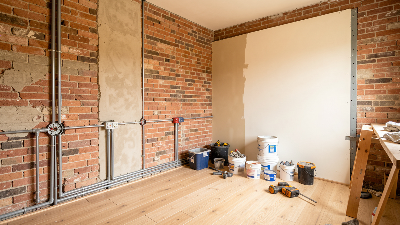 Appartement ancien en cours de rénovation, montrant l’ordre organisé des travaux avec les installations techniques avant les finitions.