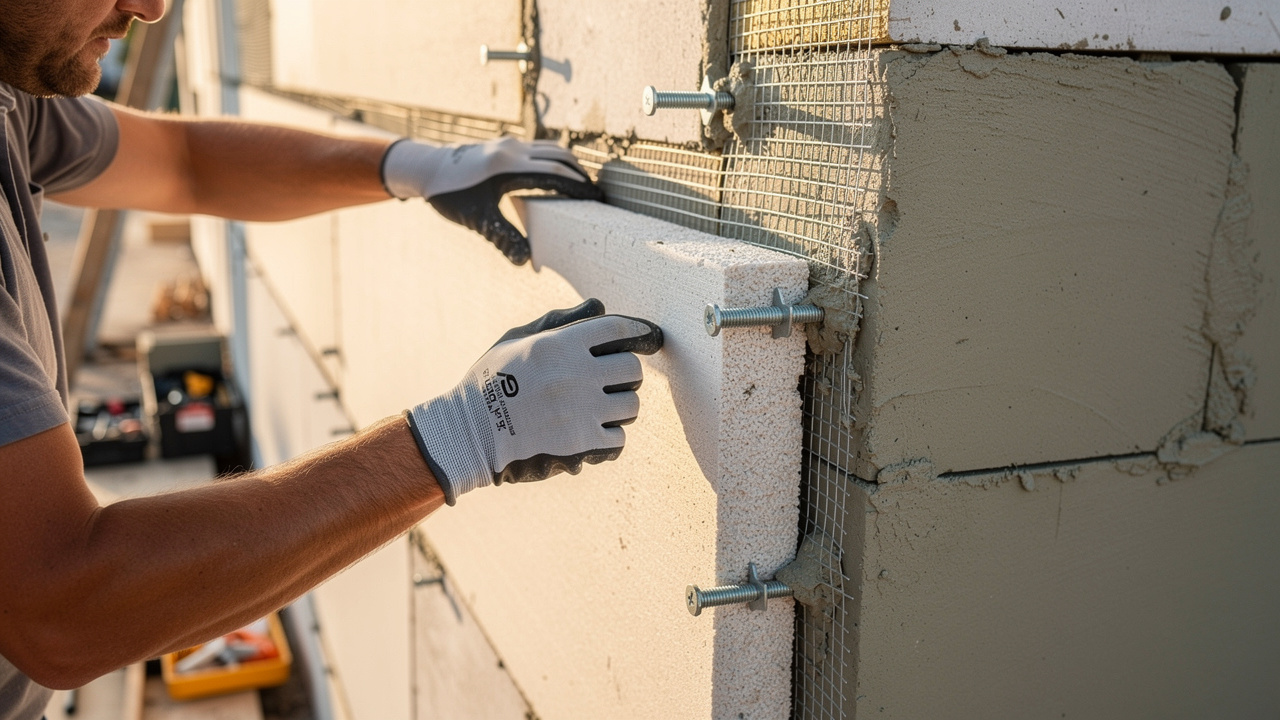 Gros plan réaliste de la pose d’un panneau isolant sur une façade, avec chevilles, treillis d’armature et enduit de finition sur un chantier propre.