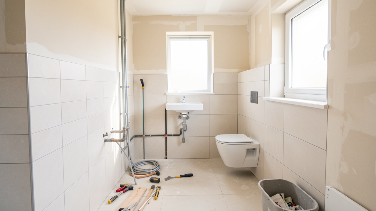 Salle de bain lumineuse en rénovation avec outils, carrelage, équipements sanitaires et plomberie apparente.