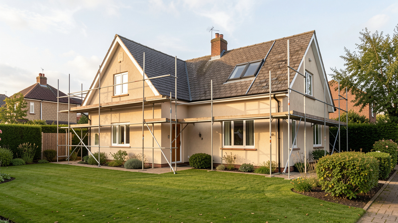 Maison individuelle en rénovation extérieure avec un échafaudage discret, une toiture visible et un jardin éclairé par la lumière naturelle.