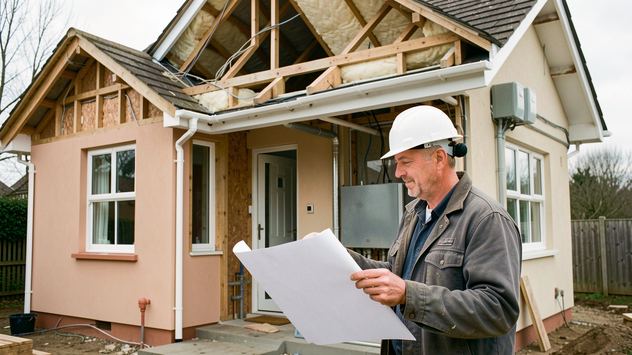 Artisan examinant des plans vierges devant une maison en rénovation, avec façade partiellement ouverte, combles isolés et équipements techniques visibles.