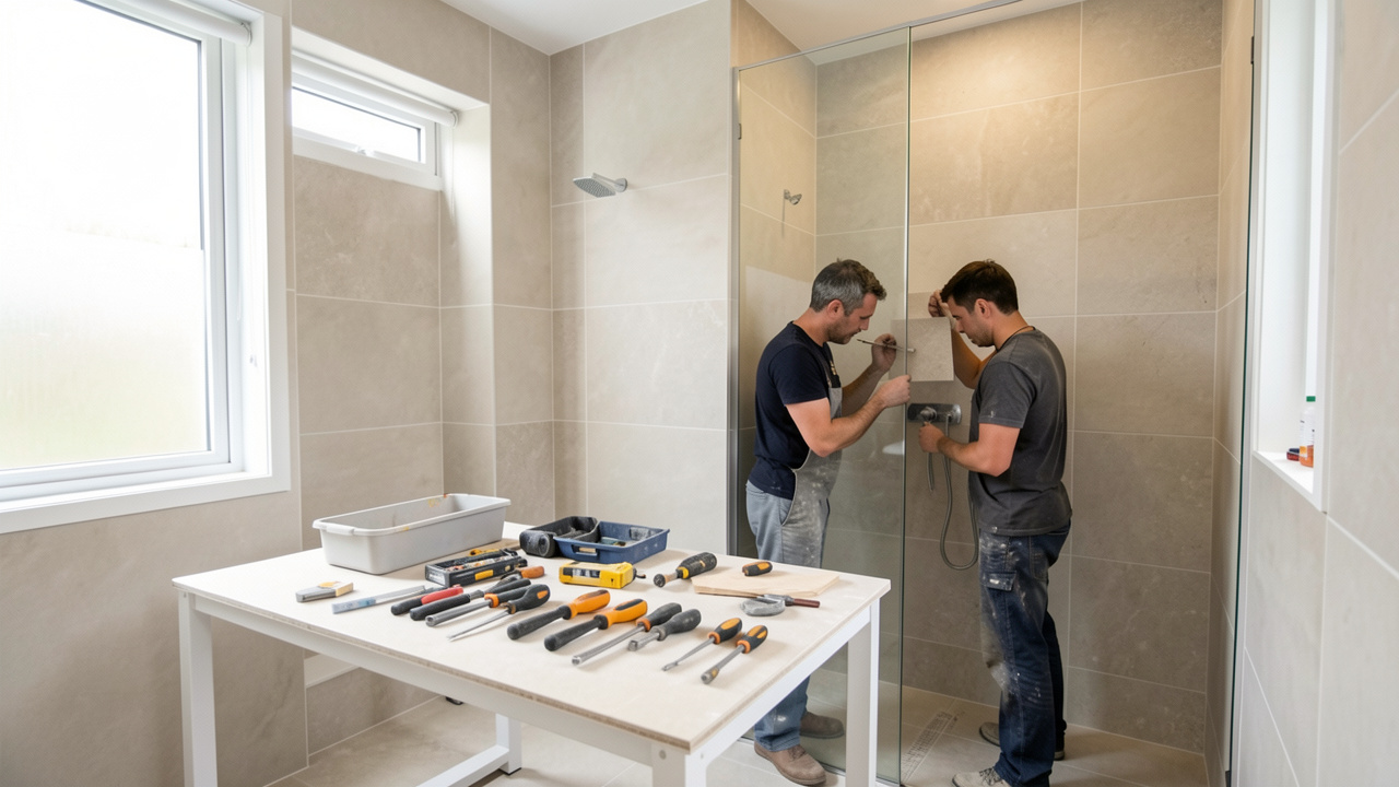 Salle de bains moderne en rénovation avec deux artisans, carrelage clair, douche italienne et outils soigneusement rangés.