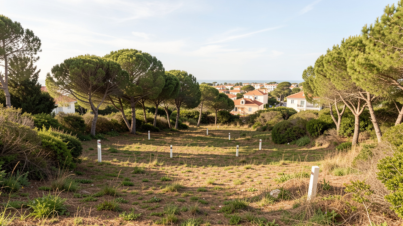 Terrain constructible arboré près de La Rochelle, avec bornes visibles, quartier résidentiel lumineux et ciel côtier.