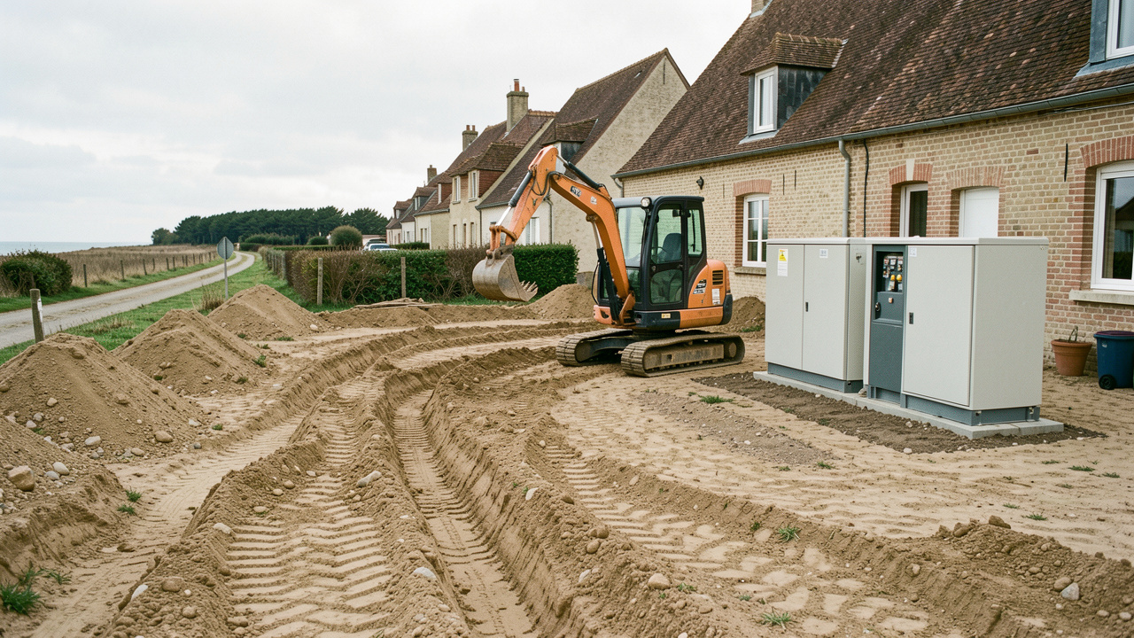 Terrain résidentiel près de La Rochelle avec des tranchées de réseaux, des coffrets techniques et une pelleteuse sur un sol sableux.